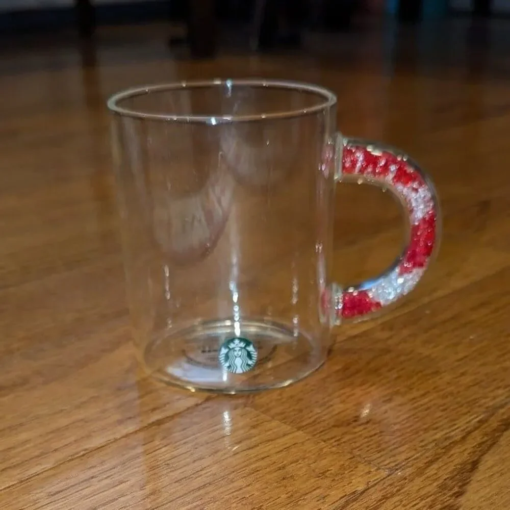 Starbucks Clear Glass Coffee Cup Mug with red‎ & white filled handle